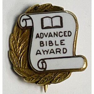 VTG LINZ 0.5" Goldtone White Enamel Advanced Bible Award Lapel Pin PINBACK EUC
